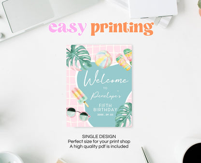 Editable Pool Party Welcome Sign, Girl Pool Birthday Party, Pastel Pool Welcome Pooster, Summer Birthday, Swimming Party, Printable, BPBP01