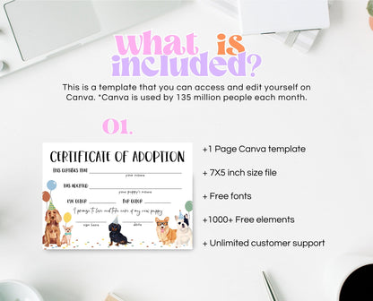 Editable Boy Puppy Adoption Certificate, Puppy Birthday Adoption, Dog birthday Party Games, Printable Template, BDBP01