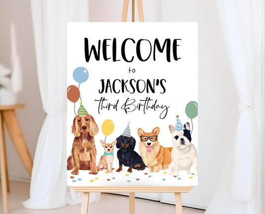 Editable Boy Dog Birthday Welcome Sign, Puppy Birthday Banner, Minimalist Dog Birthday Decor, Dog Party Welcome Poster, Printable, BDBP01