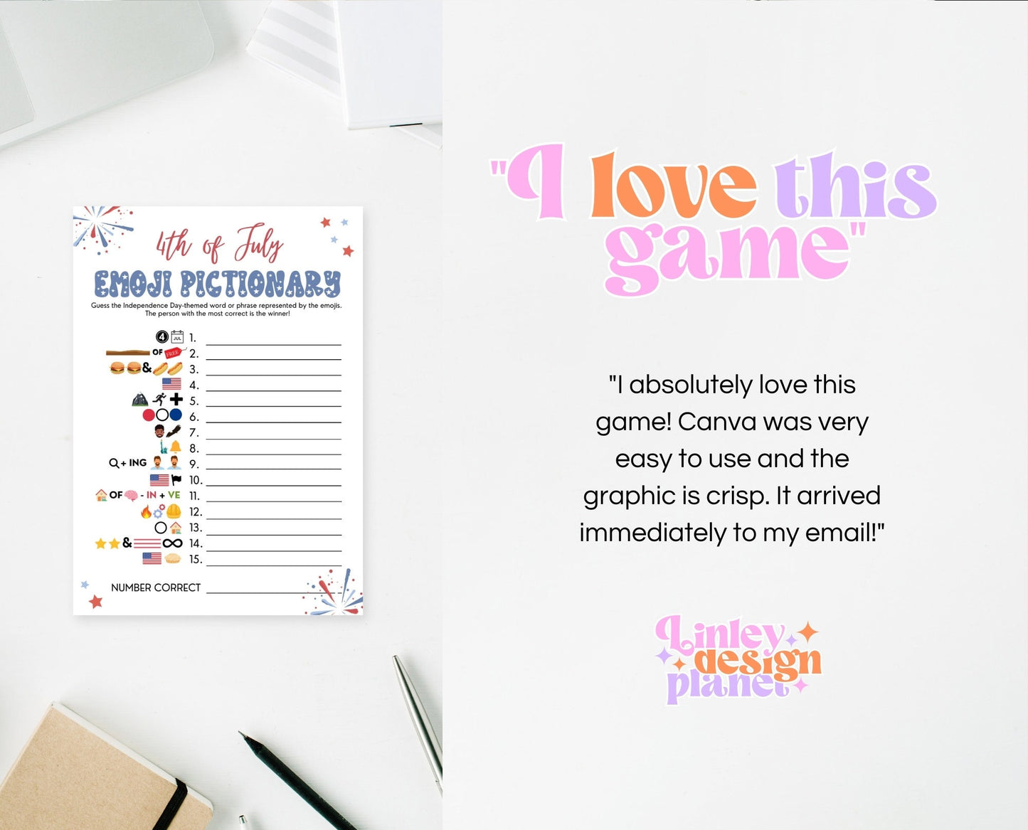 Printable 4th of July Emoji Pictionary Game, July 4th Games, Independence Day Games, Patriotic Games, 4th of July Party Activities, Editable