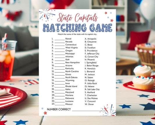 Printable 4th of July State Capitals Game, July 4th Games, Independence Day Games, Patriotic Games, 4th of July Party Games