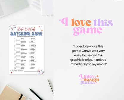 Printable 4th of July State Capitals Game, July 4th Games, Independence Day Games, Patriotic Games, 4th of July Party Games