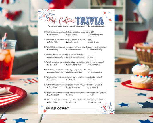 Printable 4th of July Pop Culture Trivia Game, July 4th Games, Independence Day Games, Patriotic Games, 4th of July Party Games
