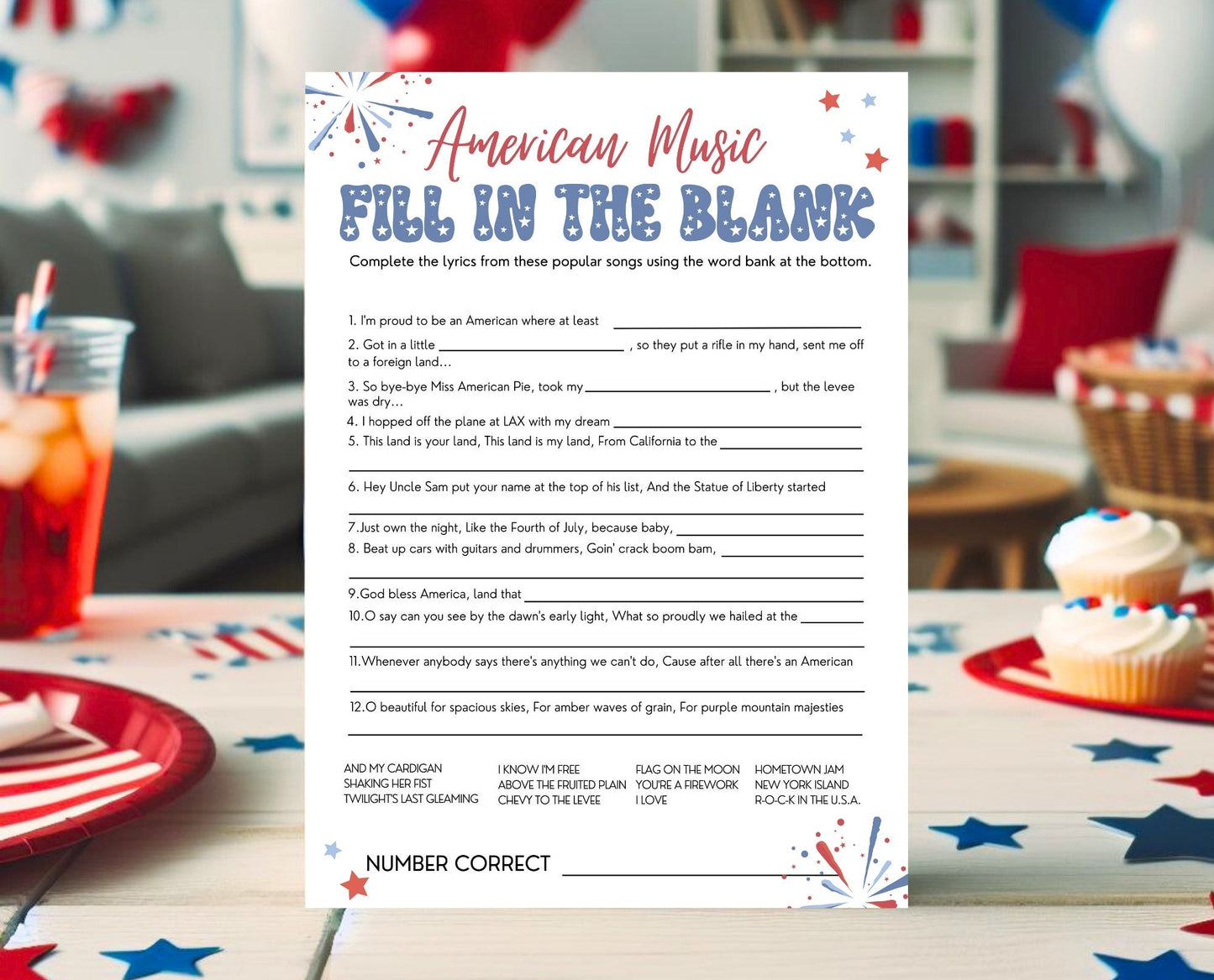 Printable 4th of July American Music Game, July 4th Games, Independence Day Games, Patriotic Games, 4th of July Party Games