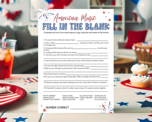 Printable 4th of July American Music Game, July 4th Games, Independence Day Games, Patriotic Games, 4th of July Party Games