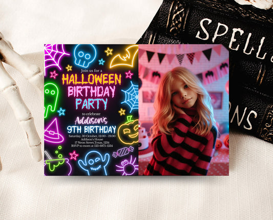 Editable Neon Halloween Birthday Invitation, Halloween Party Invite, Photo Invite, Printable Neon Halloween Birthday Invite
