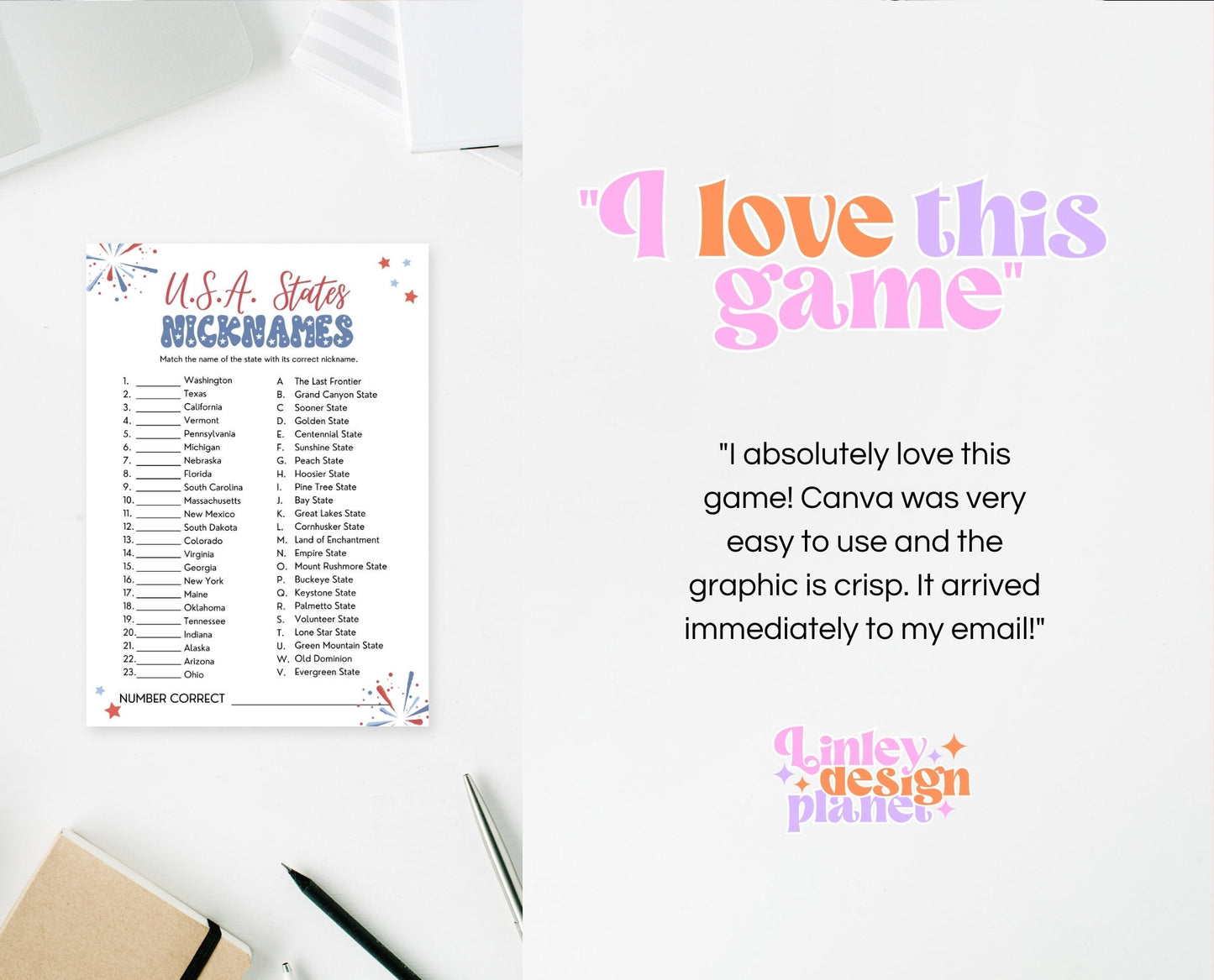 Printable 4th of July USA States Nicknames Game, July 4th Games, Independence Day Games, Patriotic Games, 4th of July Party Games, Editable