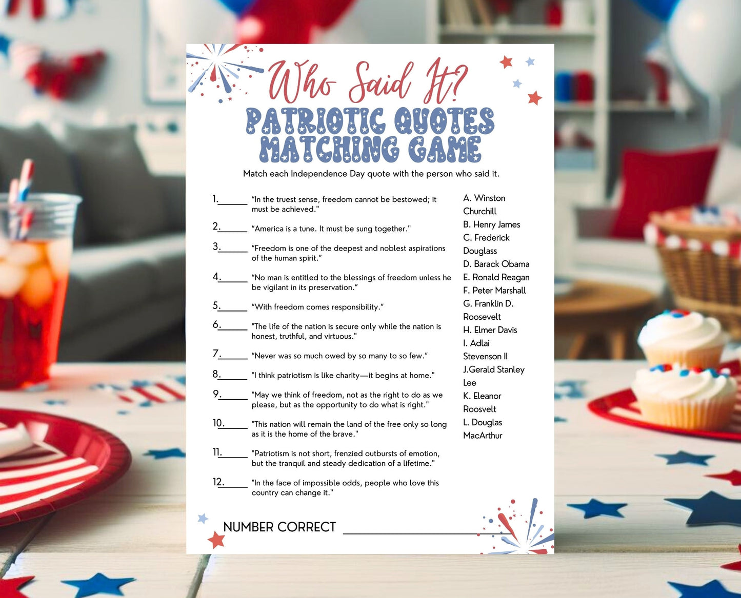Printable 4th of July Patriotic Quotes Matching Game, July 4th Games, Independence Day Games, Patriotic Games, 4th of July Party Games
