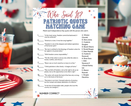 Printable 4th of July Patriotic Quotes Matching Game, July 4th Games, Independence Day Games, Patriotic Games, 4th of July Party Games