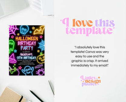 Editable Neon Halloween Birthday Invitation, Spooky Halloween Invite, Printable Neon Halloween Invite, Neon Halloween Invite, NHBP01