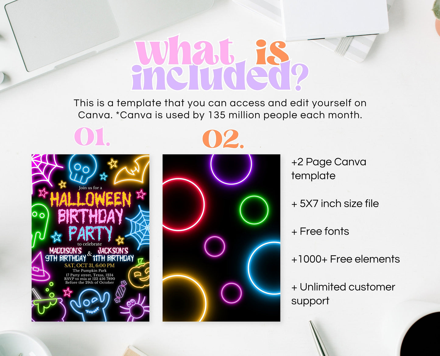 Editable Neon Halloween Joint Birthday Invitation, Halloween Siblings Party Invite, Printable Halloween Birthday Invite for 2 Kids, NHBP01