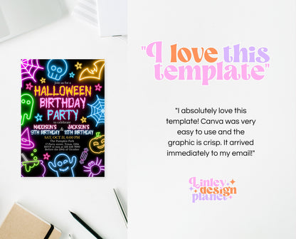 Editable Neon Halloween Joint Birthday Invitation, Halloween Siblings Party Invite, Printable Halloween Birthday Invite for 2 Kids, NHBP01