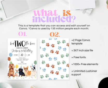 Editable Boy Dog 2nd Birthday Invitation, Puppy Birthday Invitation, Boy Dog Birthday, Puppy 2nd Birthday, Animal Vet Birthday Party, BDBP01