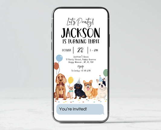 Editable Boy Dog Birthday Evite, Let's Pawty Puppy Birthday Invitation, Boy Birthday, Printable Template, BDBP01