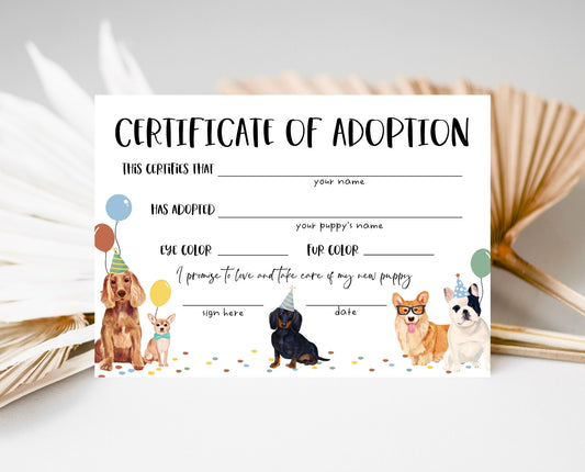Editable Boy Puppy Adoption Certificate, Puppy Birthday Adoption, Dog birthday Party Games, Printable Template, BDBP01