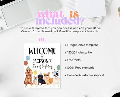Editable Boy Dog Birthday Welcome Sign, Puppy Birthday Banner, Minimalist Dog Birthday Decor, Dog Party Welcome Poster, Printable, BDBP01