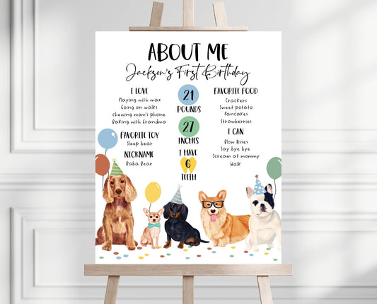 Boy Dog Birthday Milestone Sign, Puppy Birthday Party About Me Sign, Minimalist Dog Birthday Decor, Printable Sign, About Me Sign, BDBP01