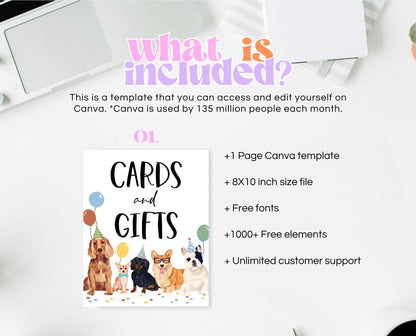 Cards And Gifts Dog Birthday, Puppy Birthday Gifts Sign, Printable Puppy Signs, Fully Editable Dog Birthday Signs, BDBP01