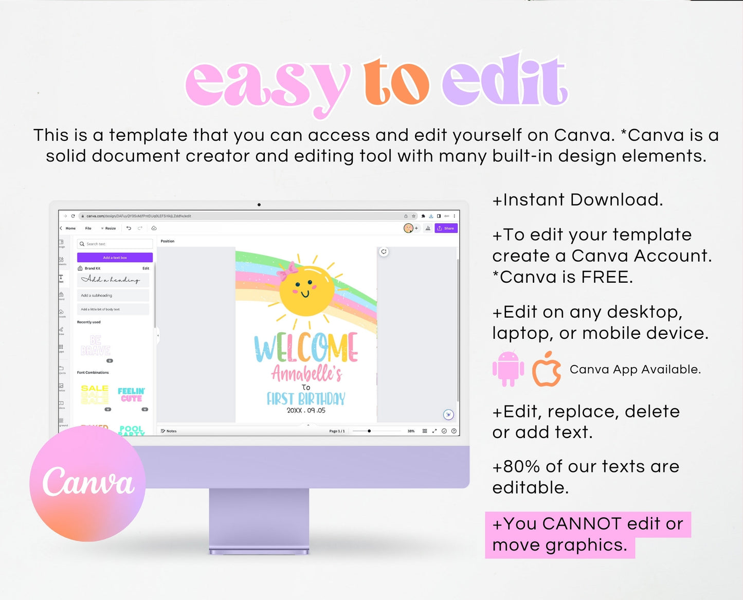 Editable Sunshine Birthday Welcome Sign, Sunshine Birthday, Girl First Birthday Welcome Poster, Instant Download, Printable, SSBP01