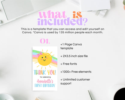 Editable Sunshine Birthday Favor Tag, Sunshine Birthday, Girl First Birthday Thank You Card, Instant Download, Printable, SSBP01