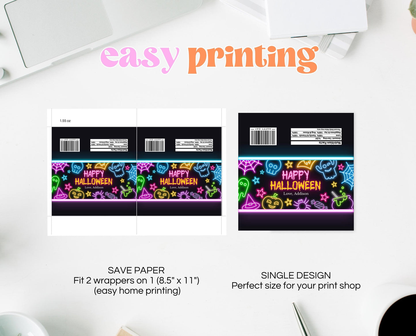 Editable Neon Halloween Chocolate Bar Wrapper, Halloween Candy Bar Wrapper Template, Halloween Chocolate Gift Printable, NHBP01