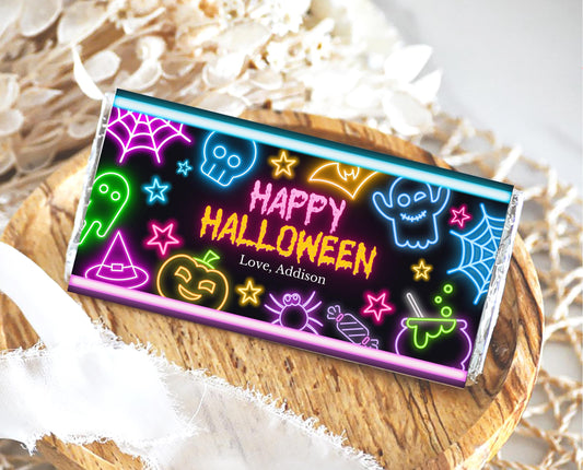 Editable Neon Halloween Chocolate Bar Wrapper, Halloween Candy Bar Wrapper Template, Halloween Chocolate Gift Printable, NHBP01