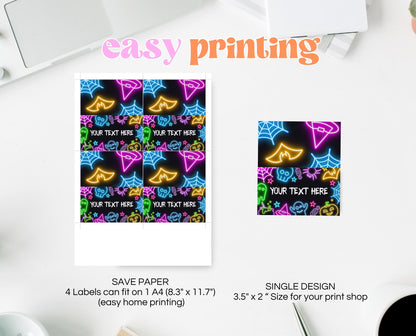 Neon Halloween Party Food Labels Template, Halloween Party Name Cards, Printable Neon Halloween Birthday Decor, Neon Halloween, NHBP01