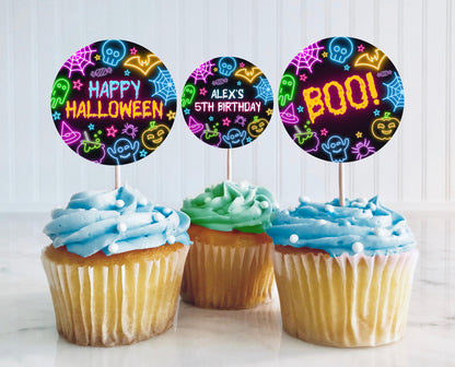 Neon Halloween Birthday Cupcake Toppers, Spooky Halloween Party Cake Topper, Printable Neon Halloween Cake Topper, Neon Halloween, NHBP01