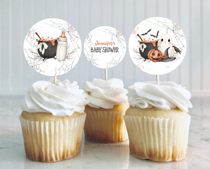 Editable A Baby Is Brewing Halloween Baby Shower Cupcake Toppers, Halloween Party Decorations, A Baby Is Brewing Cupcake Toppers, HBSC01
