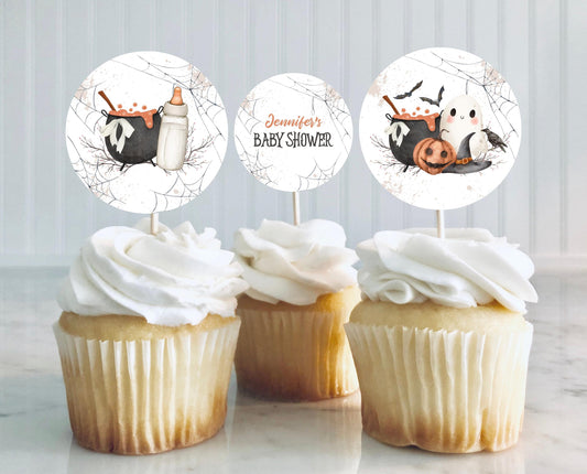 Editable A Baby Is Brewing Halloween Baby Shower Cupcake Toppers, Halloween Party Decorations, A Baby Is Brewing Cupcake Toppers, HBSC01