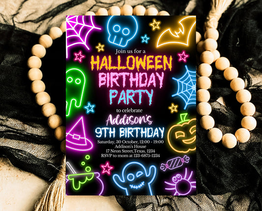 Editable Neon Halloween Birthday Invitation, Spooky Halloween Invite, Printable Neon Halloween Invite, Neon Halloween Invite, NHBP01