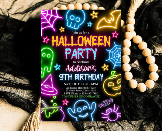 Editable Neon Halloween Party Invitation, Spooky Halloween Neon Invite, Printable Neon Halloween Party Invite, Neon Halloween Invite, NHBP01