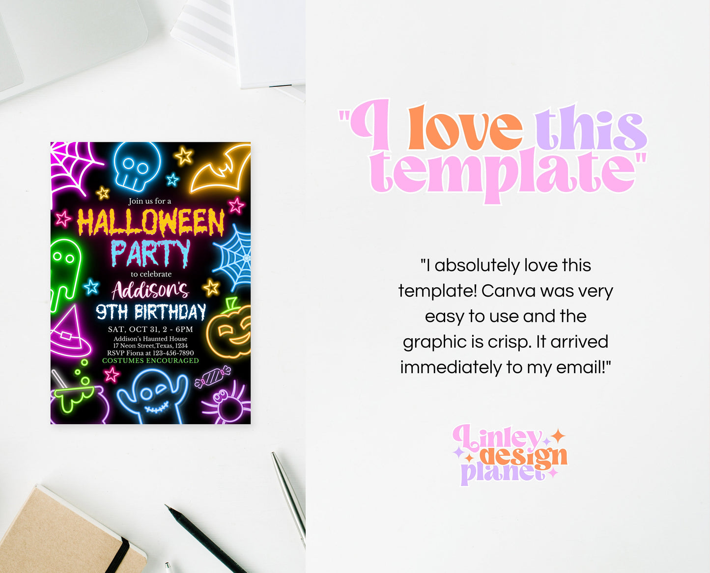 Editable Neon Halloween Party Invitation, Spooky Halloween Neon Invite, Printable Neon Halloween Party Invite, Neon Halloween Invite, NHBP01
