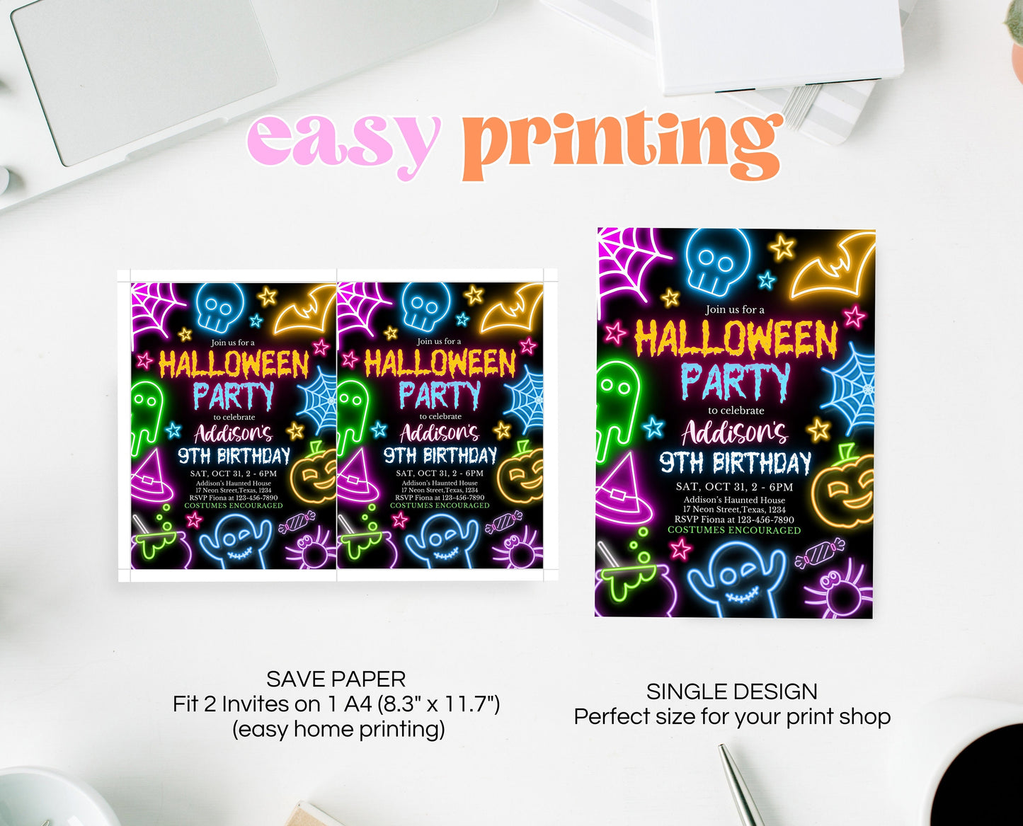 Editable Neon Halloween Party Invitation, Spooky Halloween Neon Invite, Printable Neon Halloween Party Invite, Neon Halloween Invite, NHBP01