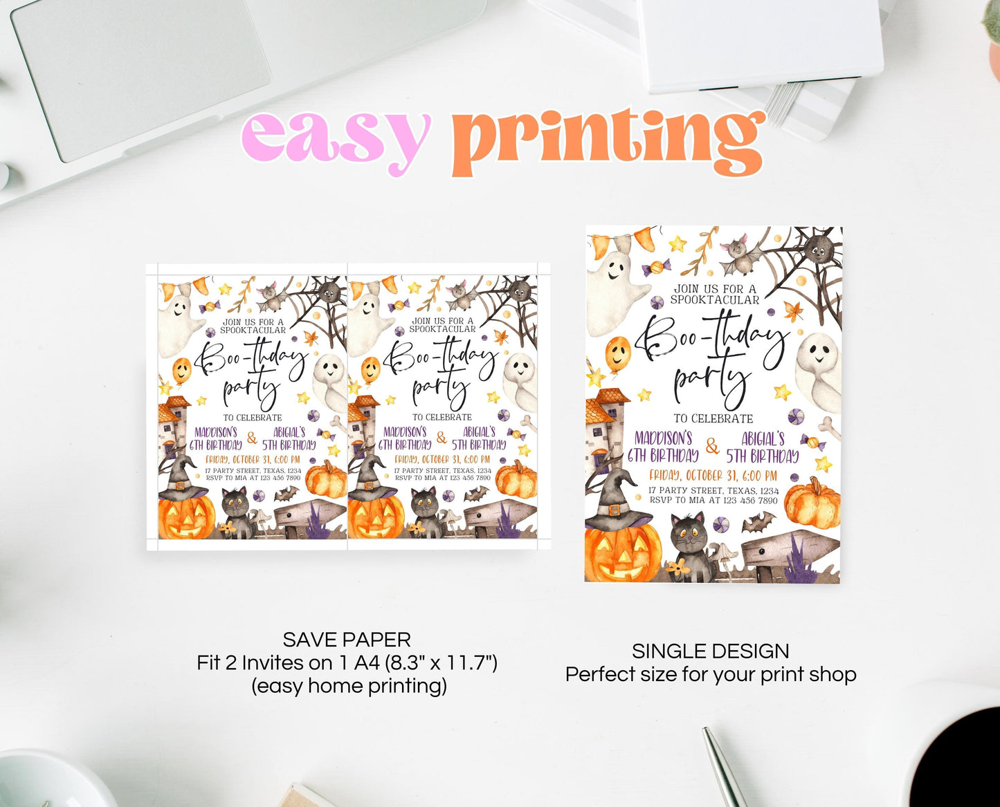 Editable Halloween Joint Birthday Invitation, Spooky Halloween Twin Birthday Party Invite, Halloween Brother And Sister Birthday Invitation