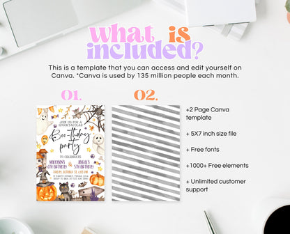 Editable Halloween Joint Birthday Invitation, Spooky Halloween Twin Birthday Party Invite, Halloween Brother And Sister Birthday Invitation