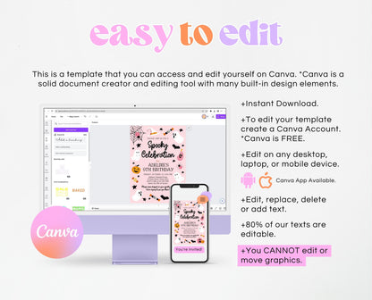 Editable Pink Halloween Birthday Invitation, Halloween Costume Party Invitation, Spooky Kids Invite, Pink Halloween Invitation Template