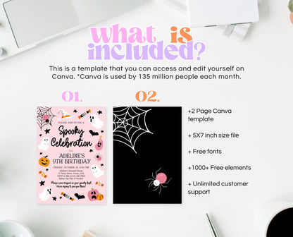 Editable Pink Halloween Birthday Invitation, Halloween Costume Party Invitation, Spooky Kids Invite, Pink Halloween Invitation Template