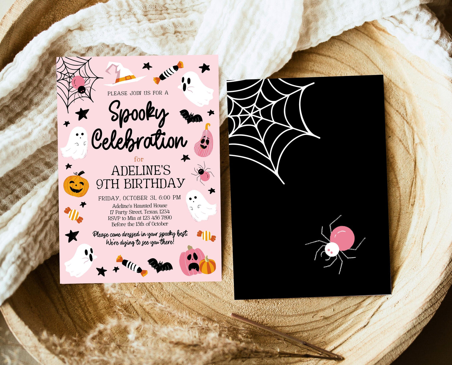 Editable Pink Halloween Birthday Invitation, Halloween Costume Party Invitation, Spooky Kids Invite, Pink Halloween Invitation Template