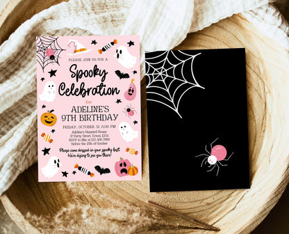 Editable Pink Halloween Birthday Invitation, Halloween Costume Party Invitation, Spooky Kids Invite, Pink Halloween Invitation Template