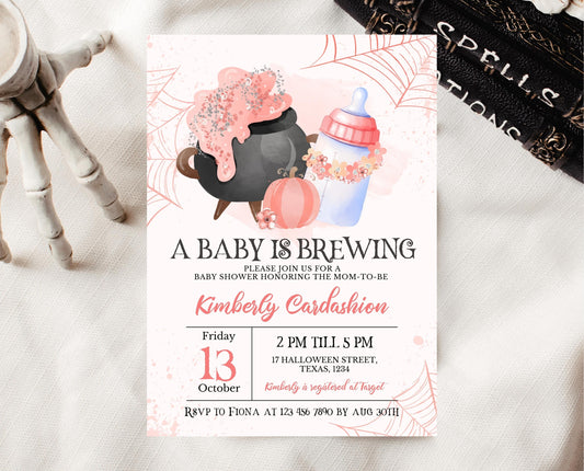 Editable A Baby is Brewing Halloween Baby Shower Invitation, Gender Neutral Halloween Baby Shower Invitation Template, Witch Baby Shower