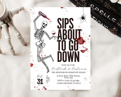 Editable Halloween Wine Invitation, Halloween Costume Party Invite, Halloween Birthday Invite, Skull Invitation, Cocktail Halloween Invite