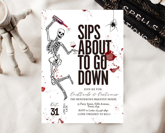 Editable Halloween Wine Invitation, Halloween Costume Party Invite, Halloween Birthday Invite, Skull Invitation, Cocktail Halloween Invite