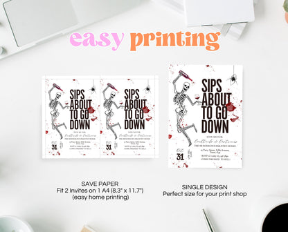 Editable Halloween Wine Invitation, Halloween Costume Party Invite, Halloween Birthday Invite, Skull Invitation, Cocktail Halloween Invite