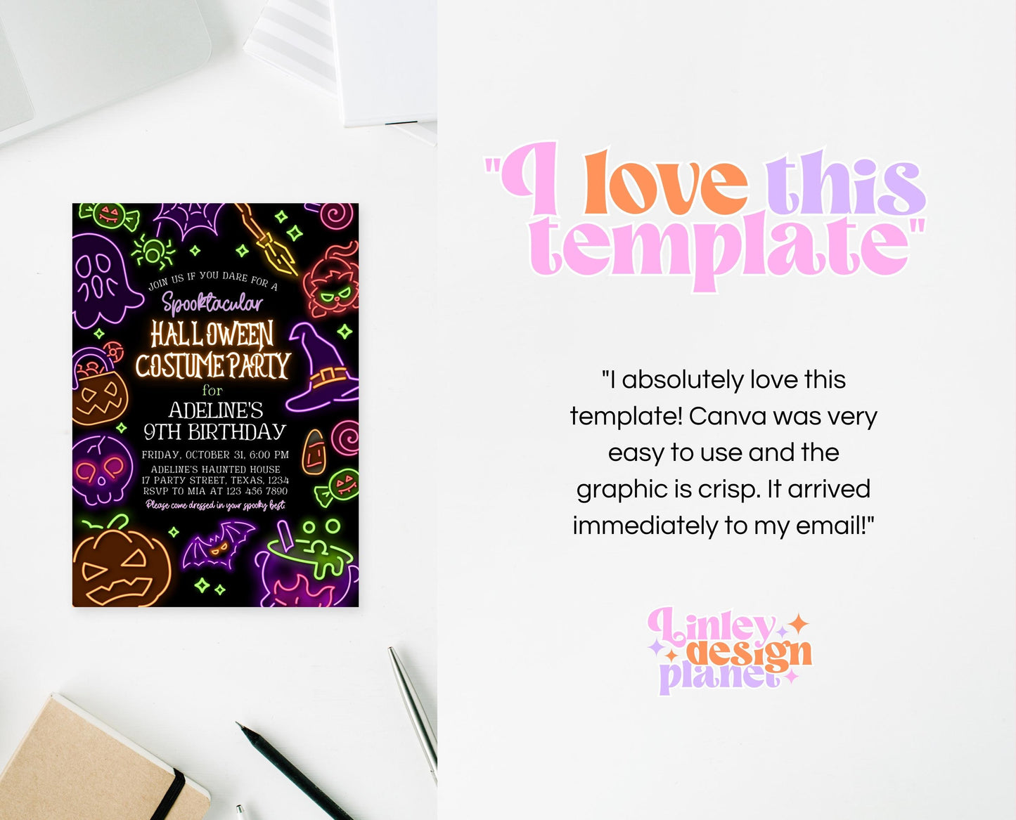 Editable Neon Halloween Party Invitation, Spooky Halloween Party Invite, Printable Neon Halloween Birthday Invite, Neon Halloween, NHBP02