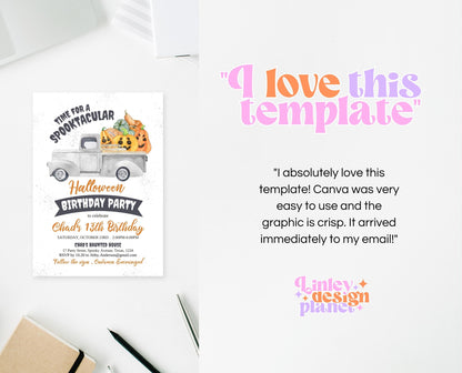 Editable Halloween Pumpkin Truck Birthday Invitation, Halloween Party Invitation, Spooky Kids Invite, Pumpkin Halloween Invitation Template