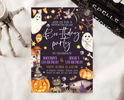 Editable Halloween Joint Birthday Invitation, Spooky Halloween Twin Birthday Party Invite, Halloween Brother And Sister Birthday Invitation