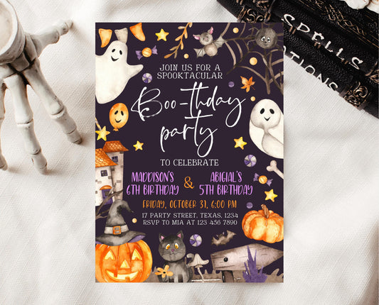 Editable Halloween Joint Birthday Invitation, Spooky Halloween Twin Birthday Party Invite, Halloween Brother And Sister Birthday Invitation
