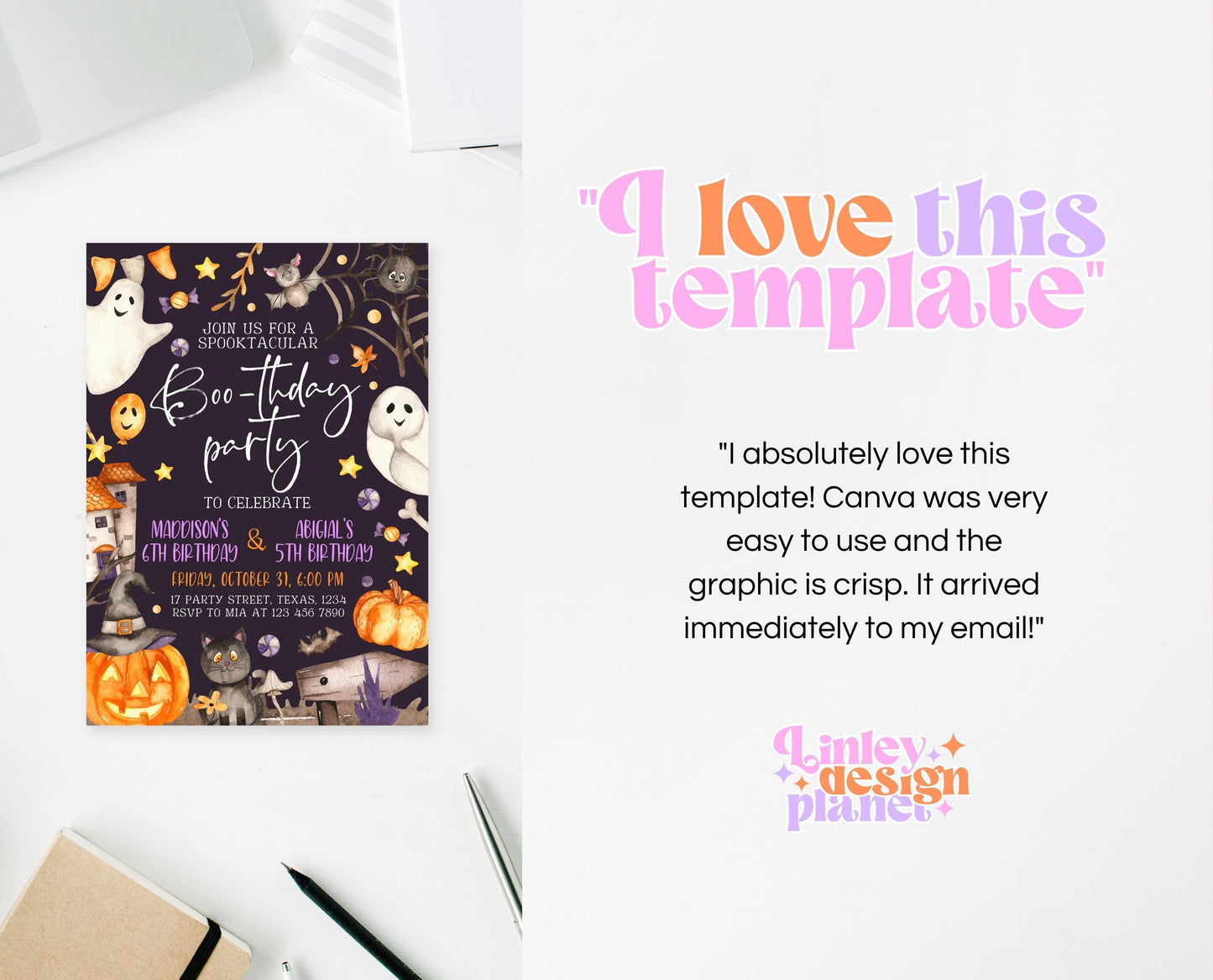 Editable Halloween Joint Birthday Invitation, Spooky Halloween Twin Birthday Party Invite, Halloween Brother And Sister Birthday Invitation