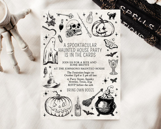 Editable Vintage Halloween Invitation, Haunted House in the Cards Halloween Party Invite, Printable Halloween Invite, Halloween House Party